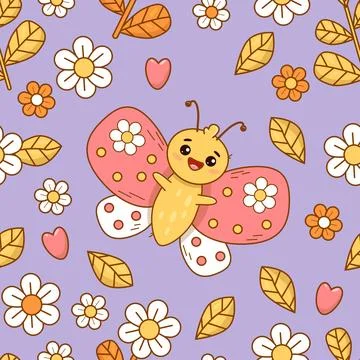 Cute seamless pattern with funny butterfly character on purple background w.. Stock Illustration