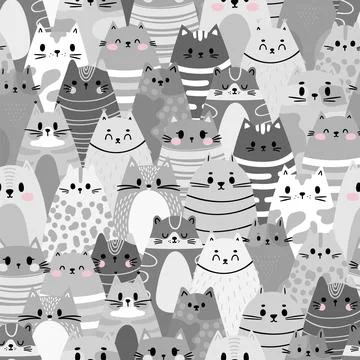 Cute seamless pattern with funny cats and kittens. Doodle characters. Grey... Stock Illustration