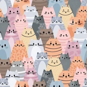 Cute seamless pattern with funny cats and kittens. Doodle characters. Desig.. Stock Illustration