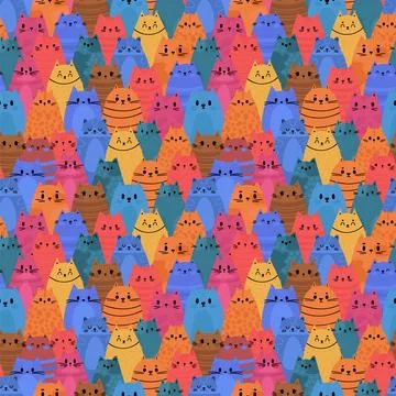 Cute seamless pattern with funny cats and kittens. Doodle characters of ani.. Stock Illustration