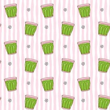 Cute seamless pattern girly matcha latte doodle illustration, cute trendy s.. 스톡 일러스트