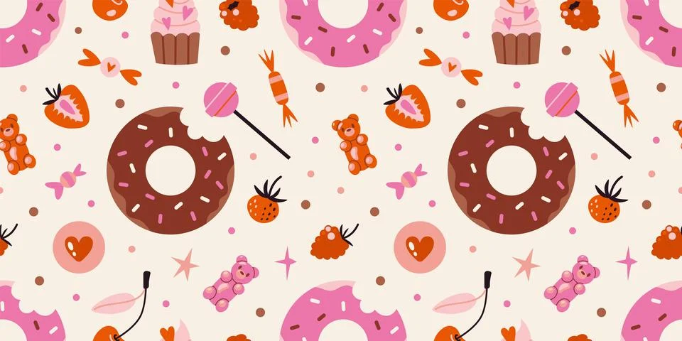 Cute Seamless pattern with glazed donuts, cupcakes, candies and berries. Sw.. Stock Illustration