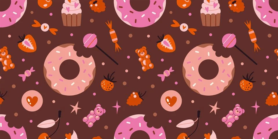 Cute Seamless pattern with glazed donuts, cupcakes, candies and berries. Sw.. Illustrazione stock