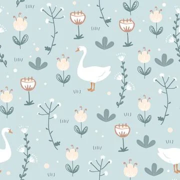 Cute seamless pattern with goose and doodle flowers. Vector illustration Stock Illustration