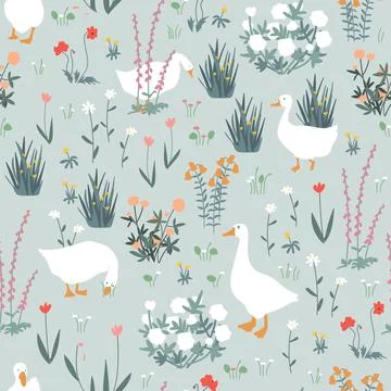 Cute seamless pattern with goose and doodle flowers. Geese in the grass. Vector Illustrazione stock