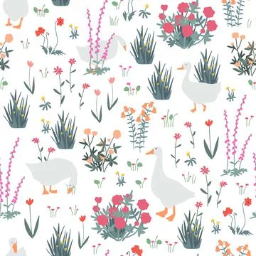 Cute seamless pattern with goose and doodle flowers. Geese in the grass. Vector Illustrazione stock