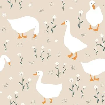 Cute seamless pattern with goose and doodle flowers. Geese in the grass. Vector Illustrazione stock