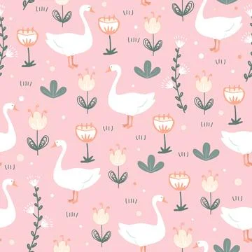 Cute seamless pattern with goose and doodle meadow flowers on pink background Stock Illustration