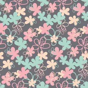 Cute seamless pattern on gray background, flower heart leaf pastel color, tex Stock Illustration