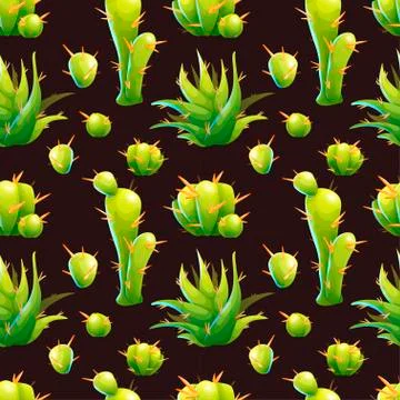 Cute seamless pattern with green cactuses and aloe Stock Illustration