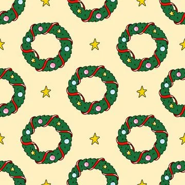 Cute seamless pattern with green Christmas wreath holiday decoration, garland Stock Illustration