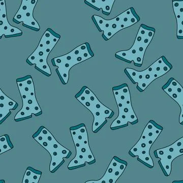 Cute seamless pattern with green hand drawn rubber boots. Flat design style a Illustrazione stock