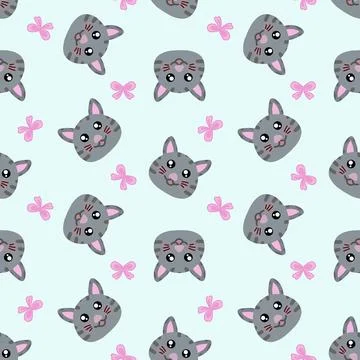 Cute Seamless Pattern of Grey Cat Heads with Pink Ribbons Stock Illustration