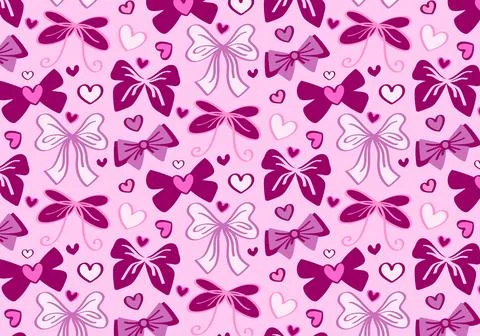 Cute seamless pattern with hand draw bows and hearts in pink and purple colours. Stock Illustration