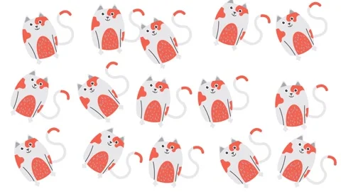Cute Seamless Pattern of Hand Drawn Cartoon Cats with Orange Spots on White Stock Footage 345539237