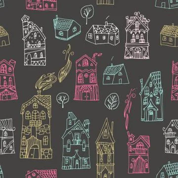 Cute seamless pattern with hand drawn houses. Stock Illustration