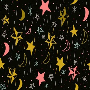 Cute seamless pattern with hand drawn moons and stars. Editable vector Illustrazione stock