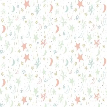 Cute seamless pattern with hand drawn moons and stars. Editable vector Stock Illustration