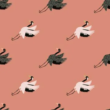 Cute seamless pattern with hand drawn grey and white crane bird ornament. Pin Stock Illustration