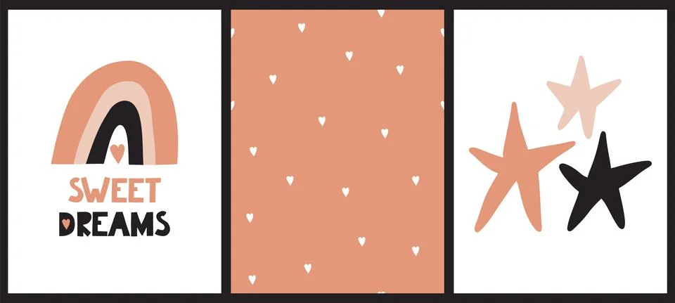 Cute seamless pattern. Hand drawn baby pastel posters with rainbow stars hearts Stock Illustration