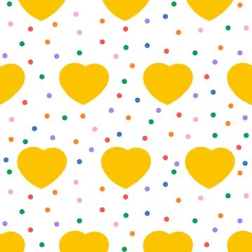 Cute seamless pattern with hand drawn yellow hearts, bright colorful points Stock Illustration
