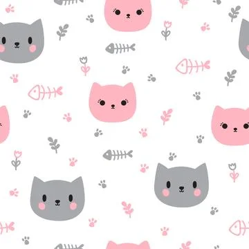 Cute seamless pattern with hand drawn cats. Background for little kids. Fun.. Stock Illustration