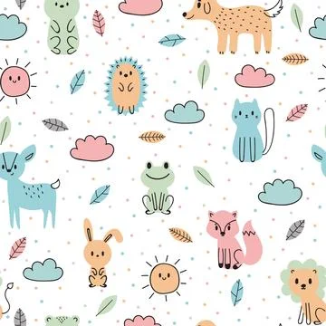Cute seamless pattern with hand drawn animals. Trendy cartoon background Stock Illustration