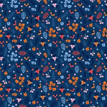 Cute seamless pattern with hand drawn berries and flowers. Floral colorful .. Stock Illustration