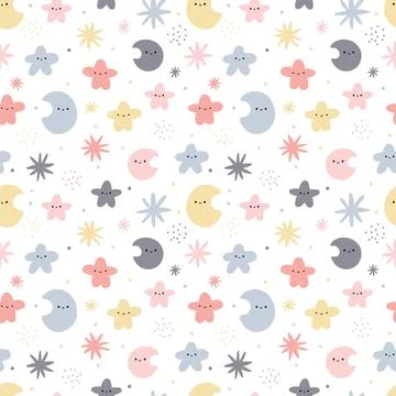Cute seamless pattern with hand drawn elements. Moon, stars. Scandinavian sty Illustrazione stock
