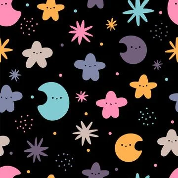 Cute seamless pattern with hand drawn elements. Scandinavian style. Moon, s.. Stock Illustration