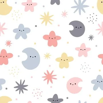 Cute seamless pattern with hand drawn elements. Scandinavian style. Moon, sta Stock Illustration