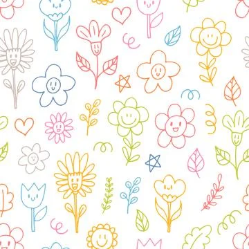Cute seamless pattern with hand drawn happy flowers. Funny kawaii elements... Illustrazione stock