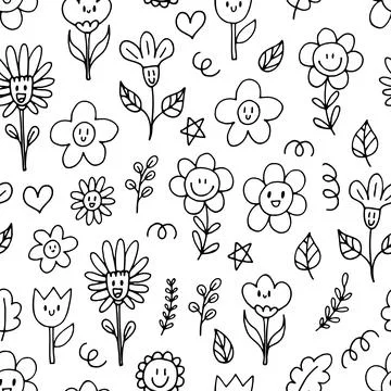Cute seamless pattern with hand drawn happy flowers. Funny kawaii elements... 스톡 일러스트