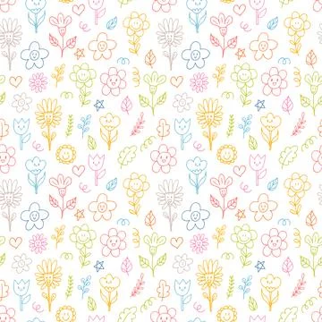 Cute seamless pattern with hand drawn happy flowers. Funny kawaii elements... Illustrazione stock