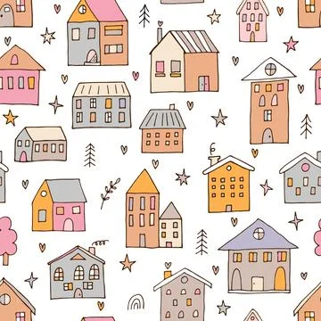 Cute seamless pattern with hand drawn houses. Buildings. Doodle style. Text.. Stock Illustration