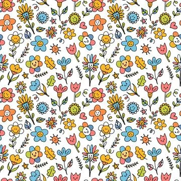 Cute seamless pattern with hand drawn happy flowers. Funny kawaii elements... Illustrazione stock