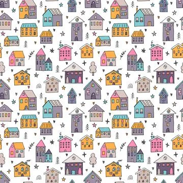 Cute seamless pattern with hand drawn houses. Buildings. Doodle style. Text.. Stock Illustration