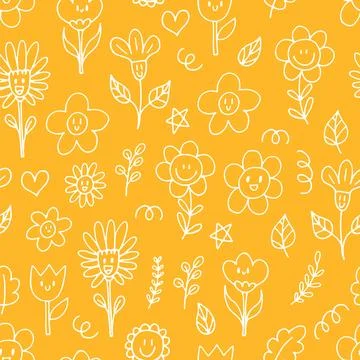 Cute seamless pattern with hand drawn happy flowers. Funny kawaii elements... Illustrazione stock