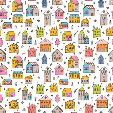 Cute seamless pattern with hand drawn houses. Buildings. Doodle style. Text.. Stock Illustration