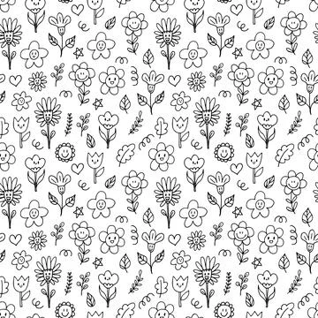 Cute seamless pattern with hand drawn happy flowers. Funny kawaii elements... Stock Illustration