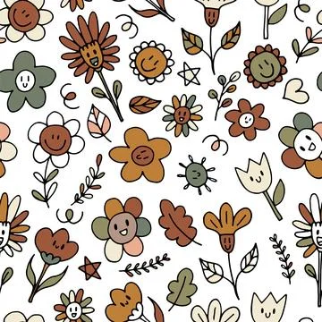 Cute seamless pattern with hand drawn happy flowers. Funny kawaii elements... 库存插图