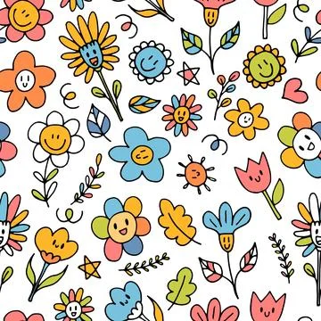Cute seamless pattern with hand drawn happy flowers. Funny kawaii elements... Illustrazione stock