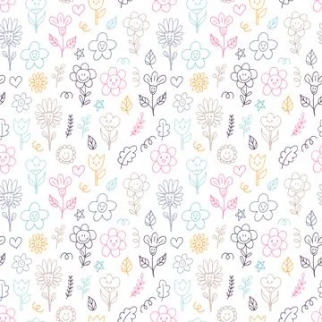 Cute seamless pattern with hand drawn happy flowers. Funny kawaii elements... Stock Illustration
