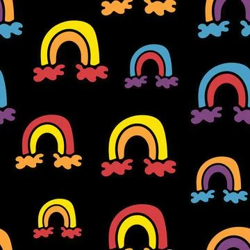 Cute Seamless Pattern with Hand Drawn Rainbow Doodle. Stock Illustration