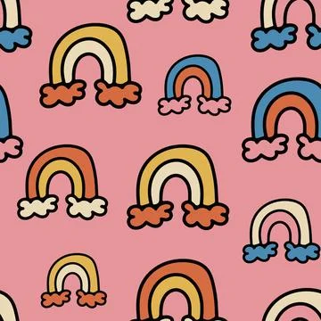Cute Seamless Pattern with Hand Drawn Rainbow Doodle. Stock Illustration