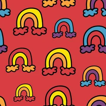 Cute Seamless Pattern with Hand Drawn Rainbow Doodle. Stock Illustration