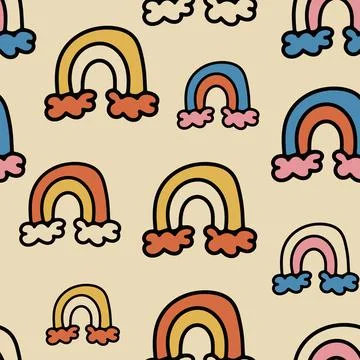 Cute Seamless Pattern with Hand Drawn Rainbow Doodle. Stock Illustration