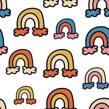 Cute Seamless Pattern with Hand Drawn Rainbow Doodle. Stock Illustration
