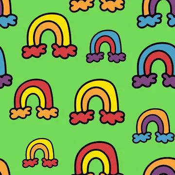 Cute Seamless Pattern with Hand Drawn Rainbow Doodle. Stock Illustration