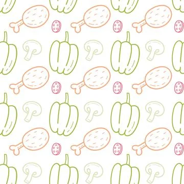 Cute Seamless Pattern with Hand Drawn Food in Minimal Doodle Style Illustrazione stock